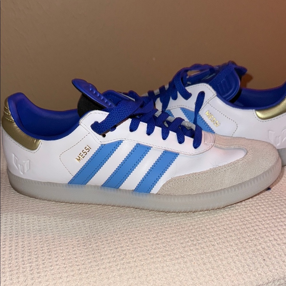 Adidas Men's White, Blue, and Gold Sneakers